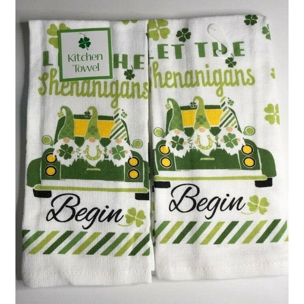 St Patrick's Day Kitchen Dish Towels Set of 2 Let the Shenanigans Begin Gnomes